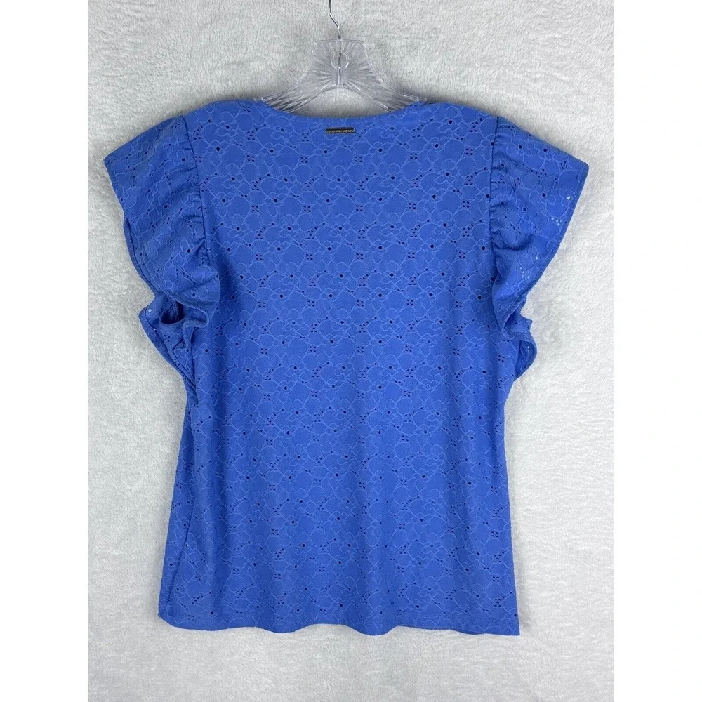 MICHAEL KORS Women's Blue Floral Embroidered V-Neck‎ Top Size M